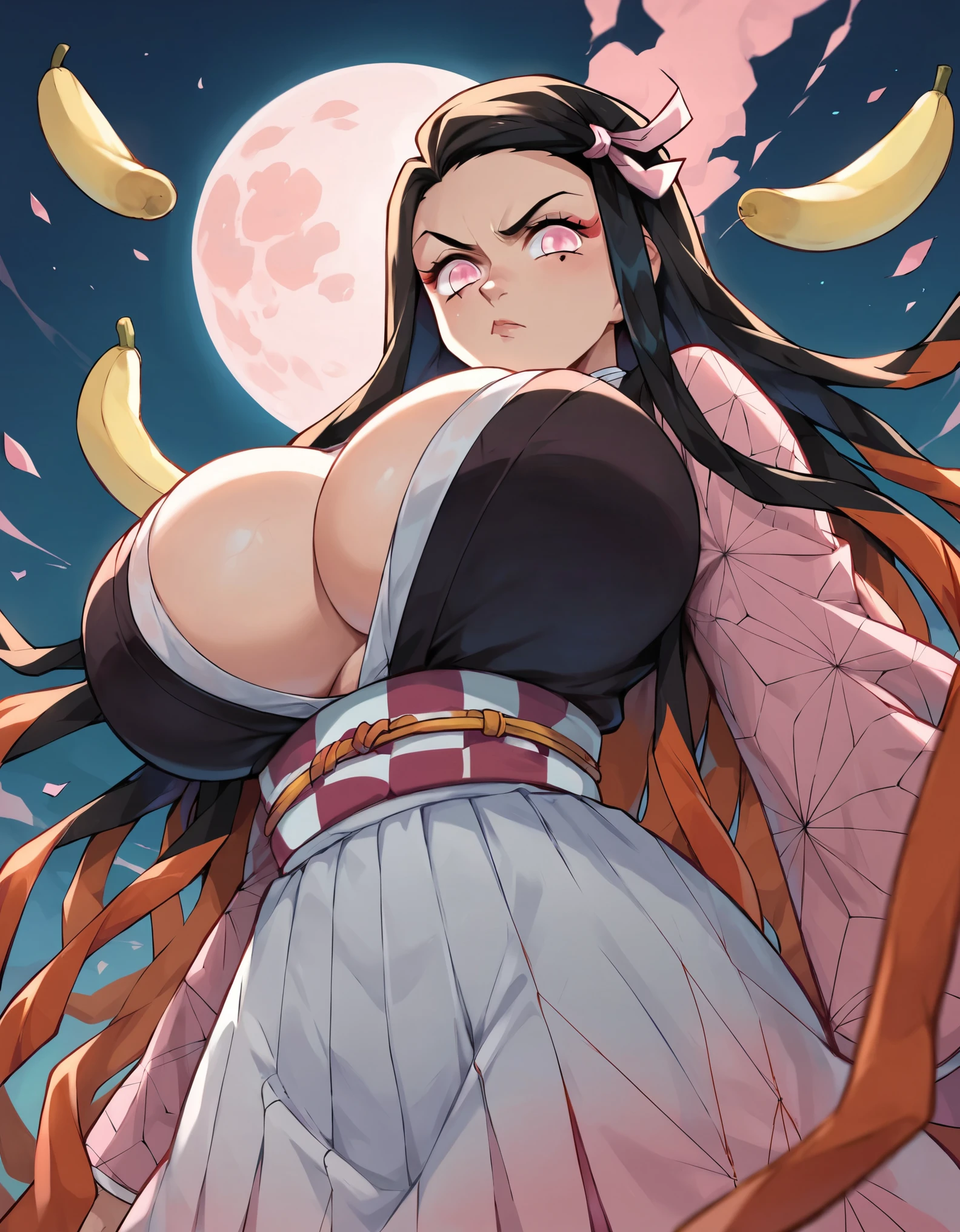 score_7_up, score_8_up, score_9, kamado_nezuko, kimetsu_no_yaiba, human nezuko black_hair, pink_eyes, huge breasts, serious expression, looking down at viewer, full moon, veins, banana in between cleavage