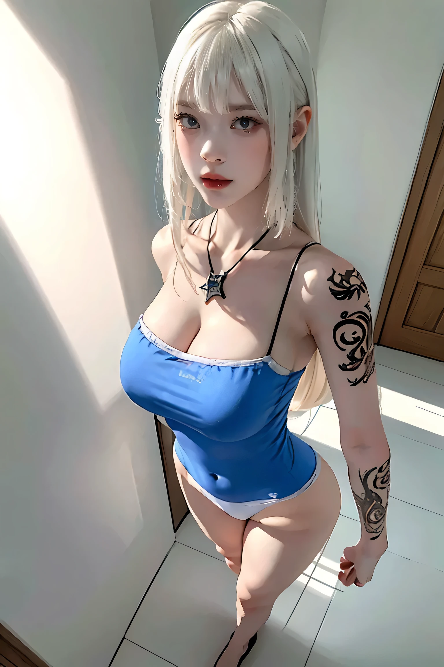 ((Woman with tattoo on chest)), girl, ((long white hair with bangs,,, Black strands of hair)), Purple eyes, White T-shirt and panties, Pendant around the neck. 超High resolution.Realistic. 超High resolution.Realistic:1.4,超High resolution. Realistic，High resolutionで, masterpiece, Highest quality, Very detailed, Better Shadows, Volumetric lighting), super high quality, High resolution, 8k, Ultra-Realistic Portraits , Realistic, Dynamic Lighting, Volumetric lighting, Very detailed顔,(Browsing Caution:1.0), Full Body Stand Posture, Thin legs, ((Large Breasts)), Detailed facial details, Natural and beautiful standing posture,