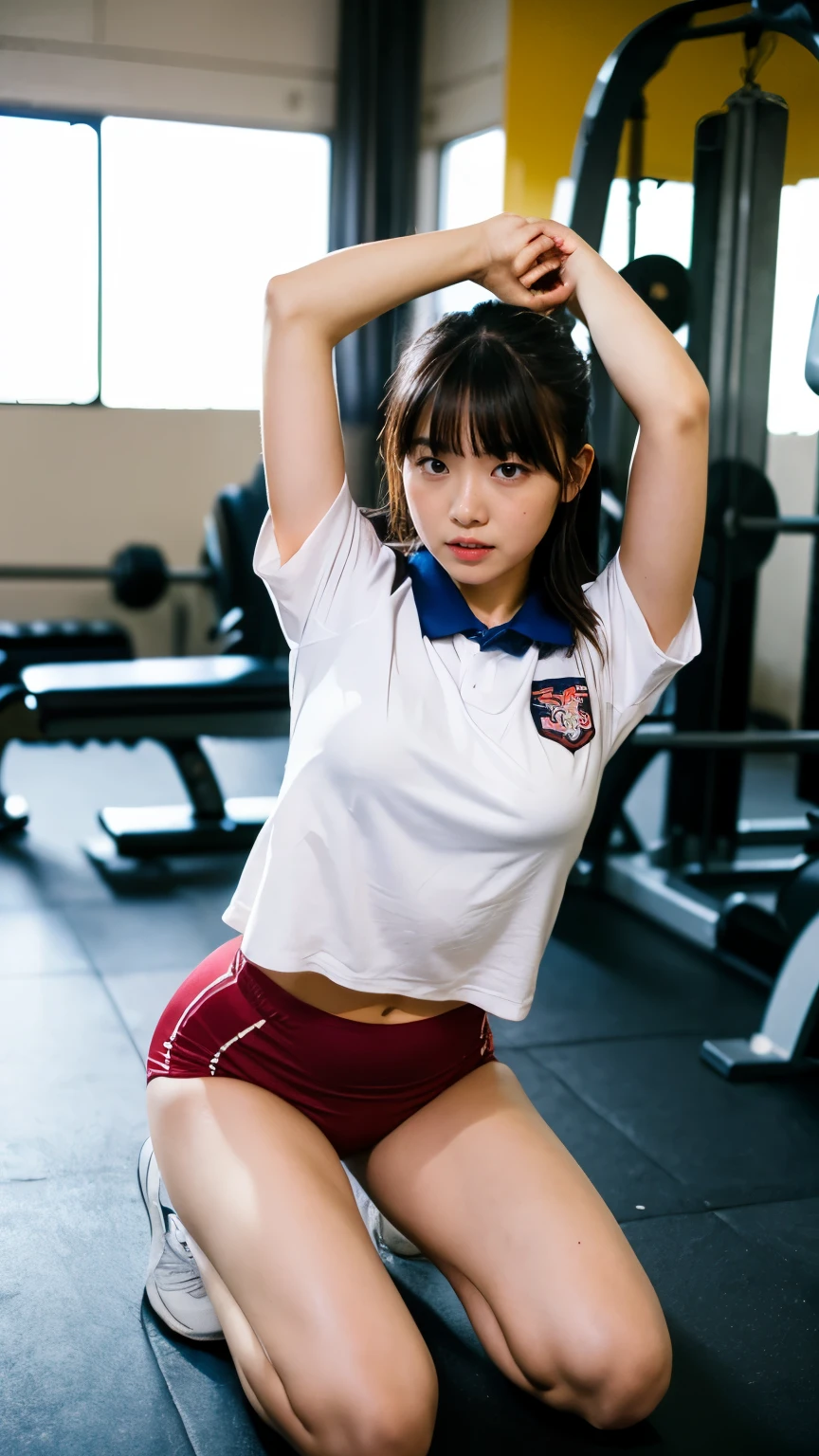 8k、high resolution、masterpiece、realistic、In detail、Fine texture、portrait from head to toe、high contrast、alone、high school girl、natural body shape、white skin、natural makeup、black hair、bangs、straight long hair、((School-specified gym clothes))((The upper body is a white gym uniform with a long hem.、short sleeve、There is a wine red line、))、((The lower body is wine red tight bloomers))、(((I put the hem of my gym uniform into my bloomers.、tuck in)))、、big breasts、、((The upper body is wearing gym clothes))、((school classroom))、Looking at the camera facing the front、、full body photo、focus on crotch、thighs exposed、white socks、white shoes、(Kneeling、Kneeling)、arms down