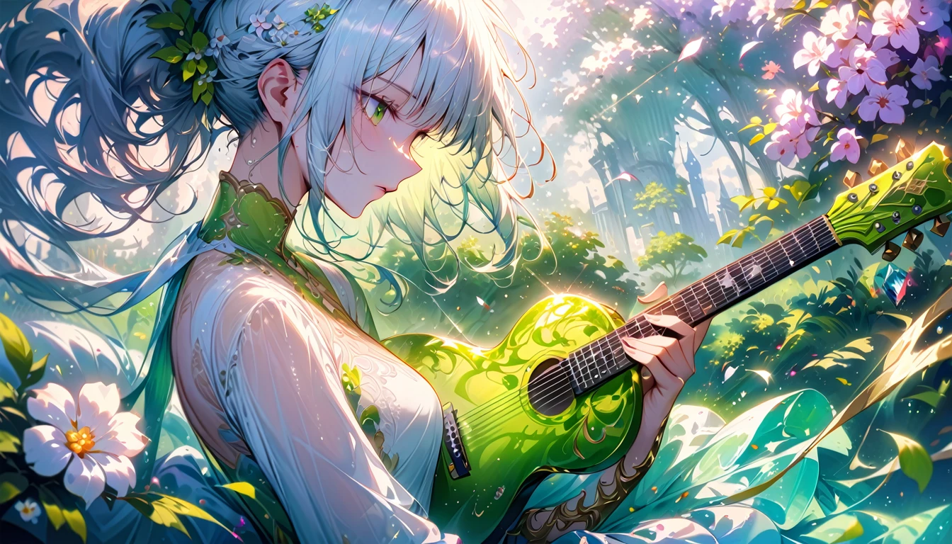 (best quality,4k,8k,highres,masterpiece:1.2),ultra-detailed,realistic,crystal-clear guitar carving,translucent morning of spring,sunlight reflection on guitar,body details,delicate strings,vibrant color palette,sculpting tools,hourglass figure,sound holes,elegant curves,polished surface,delicate engravings,effects of light and shadow,subtle reflections,shimmering surface,sparkling gemstones,flower petals falling,floral patterns,emerald accents throughout,transparent springtime essence,ethereal atmosphere,peaceful garden background,serene ambiance,morning dew,soft sunlight filtering through trees,lush greenery,vividly colored blossoms,harmonious blend of nature and art,impeccable craftsmanship,transcendent beauty,awe-inspiring artwork