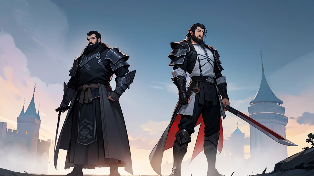 In the background is an old castle at night。A man in his 30s is standing。The man was wearing heavy armor.、He has short black hair and a beard.。He holds a large sword in both hands。On the right is a rabbit and on the left is a panda standing in a funny pose.