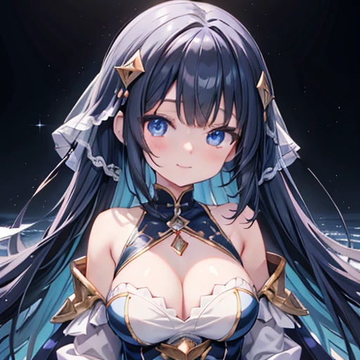 Anime girl with blue eyes and blue luxurious long dress, Smile with double teeth、Smooth anime CG art,chest、Long black hair、Beautiful luster、Watercolor、Detailed digital animation art、Realistic shiny armor,Half Up Hair、Short Curly Hair、Circlet adorned with jewels、Rendering of portrait anime girl、Transparent anime art, Cute girl anime visuals, Fantastic landscape background spreads out、Drawn in an anime studio,  Cute 2D anime girl rendering、大きいchest