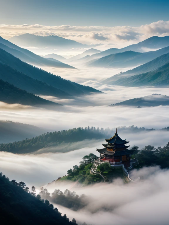 A striking white Chinese dragon ascending through rolling clouds and dense mist, its pristine scales casting a luminescent glow. This powerful mythological creature moves with majesty and grace, its body swirling elegantly around the thick mists that cover the ethereal mountain landscape below. Traditional Chinese architecture peeks through the fog, enhancing the mystic atmosphere of this ancient scene.