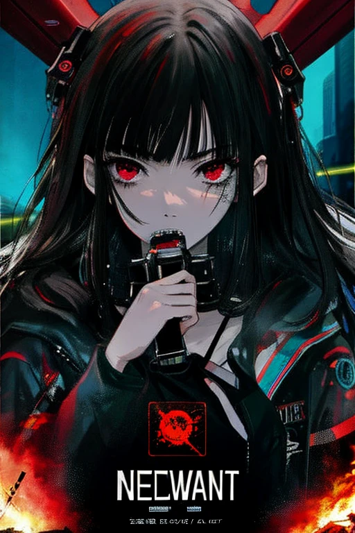 {{{{masterpiece}}}},{{best quality}},{{official art}},{{extremely detailed cg unity 8k wallpaper}},{{{artbook}}},1girl,very short hair,deep red eyes,black clothes,dark theme,{{{white hair}}},{{white skin}},horror,illustration,headphone,lass shards,no clothes,horror background,solo,looking away,full body,red theme background,bloody space,blood scape,mako eyes,small chest,red and black theme,rotting skin
