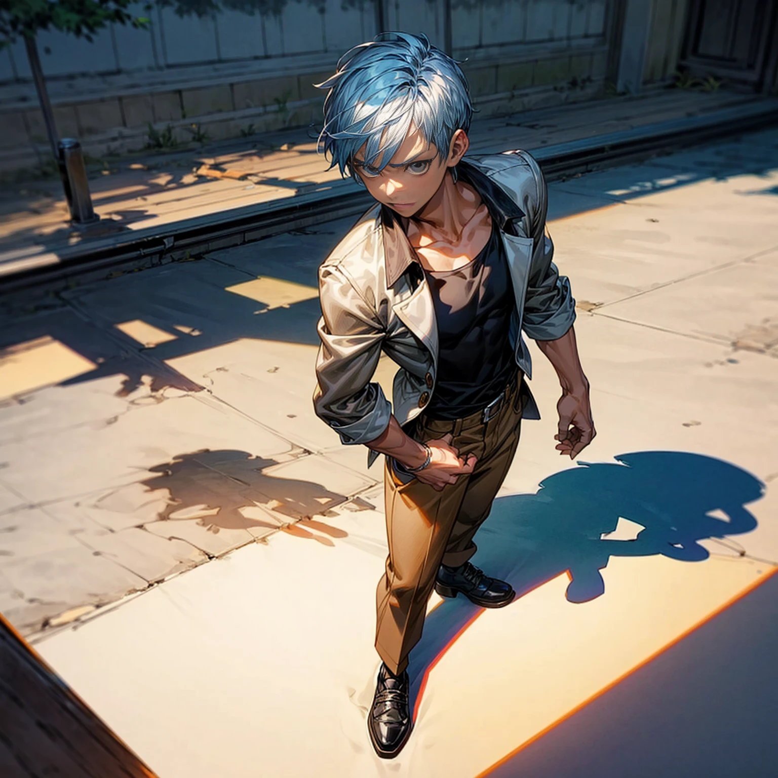 Solo character, young boy, Full body version, blue half white colour hair, short haircut, black shirt, brown trousers, shoes, no tie, Grassroots, background in Schoolyard, standing gesture, shadow, (one piece style art), detailed clothing, detailed hair, detailed background 