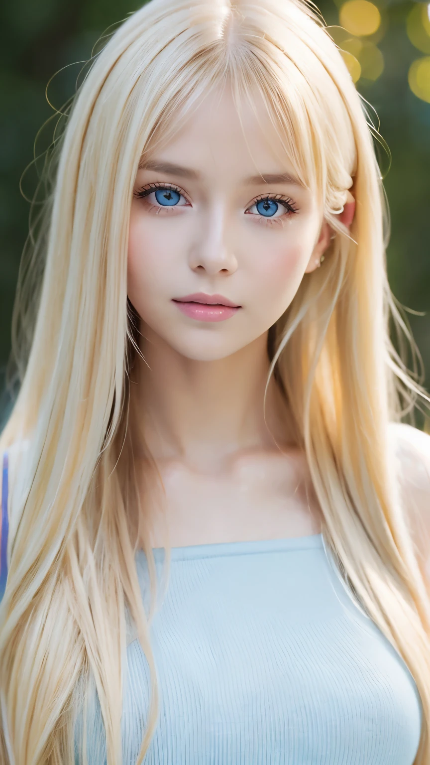 Beautiful girl with cute face,Beautiful super long straight silky blonde hair,目の上のbangs、Half Body Shot,bangs,Beautiful blonde hair between the eyes,Striped blonde,Round face、Very bright, large light blue eyes that shine beautifully、Very big eyes、snow-white beautiful skin、Young Cheek Glow、Pink One Piece、A woman with shiny, super long blonde hair is taking a photo, Gorgeous young model, Sophie Mudd portrait、Cute young woman, Very beautiful young woman, Beautiful model portrait, Beautiful Woman Photos, Perfect Face, 15 year old female model, Beautiful young face, Small Face Beauty、Cheek gloss highlighter