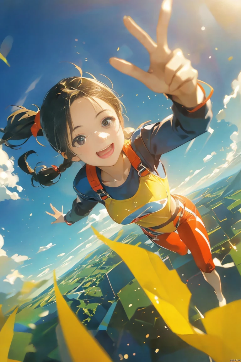 highest quality、High resolution、Detailed Background、Beautiful face in every detail、Anatomically correct、(Draw a normal number of fingers:1.2)、(Detailed facial expressions:1.2)、Teenage beauty、Huge breasts、Perfect body line、Cute color hair color、Braided long hair、Braided Ponytail、Braided Hairstyles、Wavy Hairstyle、well-groomed eyebrows、Super height、(Ultra-Wide Angle:1.5)、

(Two beautiful girls excited enjoying thrilling activities at super height:1.5)、

I&#39;m extremely excited、Ultra high tension、Uplifting、
I'm very excited the moment an airplane door is opened and I'm thrown into the air、
The strength of the wind and the sense of altitude The feeling of free fall you experience for the first time heightens the excitement、
The free fall from jumping off an airplane until the parachute opens is thrilling and excited-boosting、
You can test your own limits and courage while feeling the feeling of falling at a high speed and changes in the surrounding scenery、
The moment the parachute opens after completely turning from free fall, the speed decreases all at once and it shifts to a quiet atmosphere、this moment is a mixture of excitement and relief、
After the parachute opens, you can enjoy the feeling of slowly flying through the air、
The feeling of floating in the wind and taking a walk in the air while admiring the beautiful scenery also heightens the excitement、
The last step in skydiving is the moment you land safely on the ground、
You can enjoy the excitement by using a parachute to glide and timing your landing、
The skydiving experience will give you the excitement and excitement you'll never forget、

Let's jump together and make memories in the air with two or more partner jumps, such as couples or parents、
The pets we skydive with are cute too、
If you prepare the right equipment such as a small dog or cat and jump together, the pet's facial expressions and reactions are fun、
A group that skydives with friends and friends coexists with cuteness and fun、
The sight of 