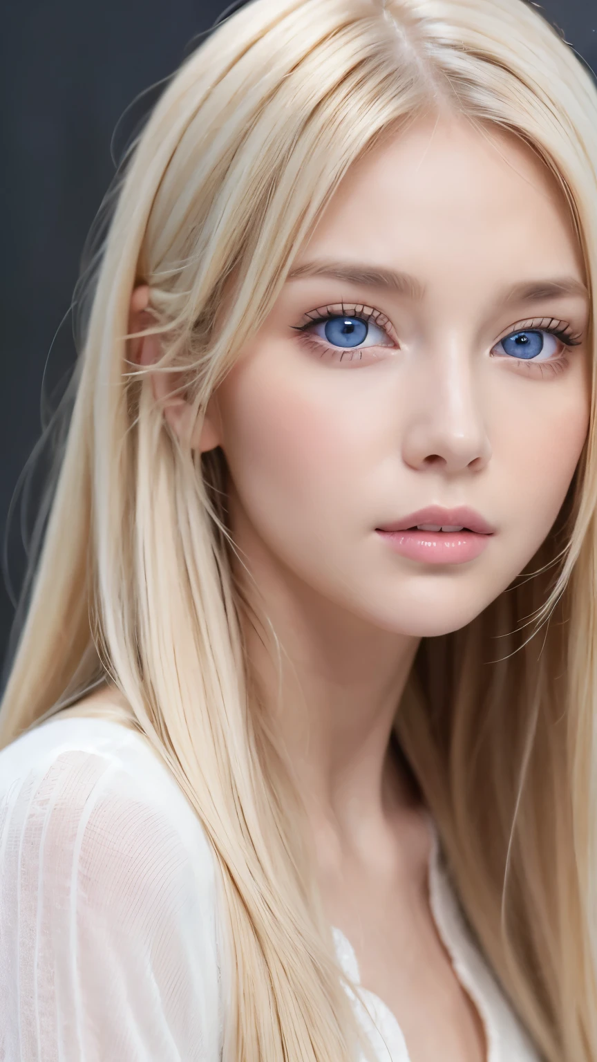 Beautiful girl with cute face,Beautiful super long straight silky blonde hair,目の上のbangs、Half Body Shot,bangs,Beautiful blonde hair between the eyes,Striped blonde,Round face、Very bright, large light blue eyes that shine beautifully、Very big eyes、snow-white beautiful skin、Young Cheek Glow、Pink One Piece、A woman with shiny, super long blonde hair is taking a photo, Gorgeous young model, Sophie Mudd portrait、Cute young woman, Very beautiful young woman, Beautiful model portrait, Beautiful Woman Photos, Perfect Face, 15 year old female model, Beautiful young face, Small Face Beauty、Cheek gloss highlighter