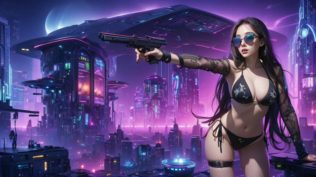 (((a medium-?????? ?????? slim GIRL with black micro sunglasses))), (((aiming at viewer with a pistol))), a balcony of a futuristic building, aerial view of an ultra-futuristic megalopolis, many metal buildings and houses in dark colors from dark blue to black, a cidade tem tons de cinza metal, has smoky metal structures , industrial environment with smoke and fog around, carros escuros nas ruas, desert megalopolis, trilhos e trens modernos de de metal passando estre as ruas da cidade, tall futuristic metal buildings, many ultra modern buildings around, realistic, detailed, sci-fi.
