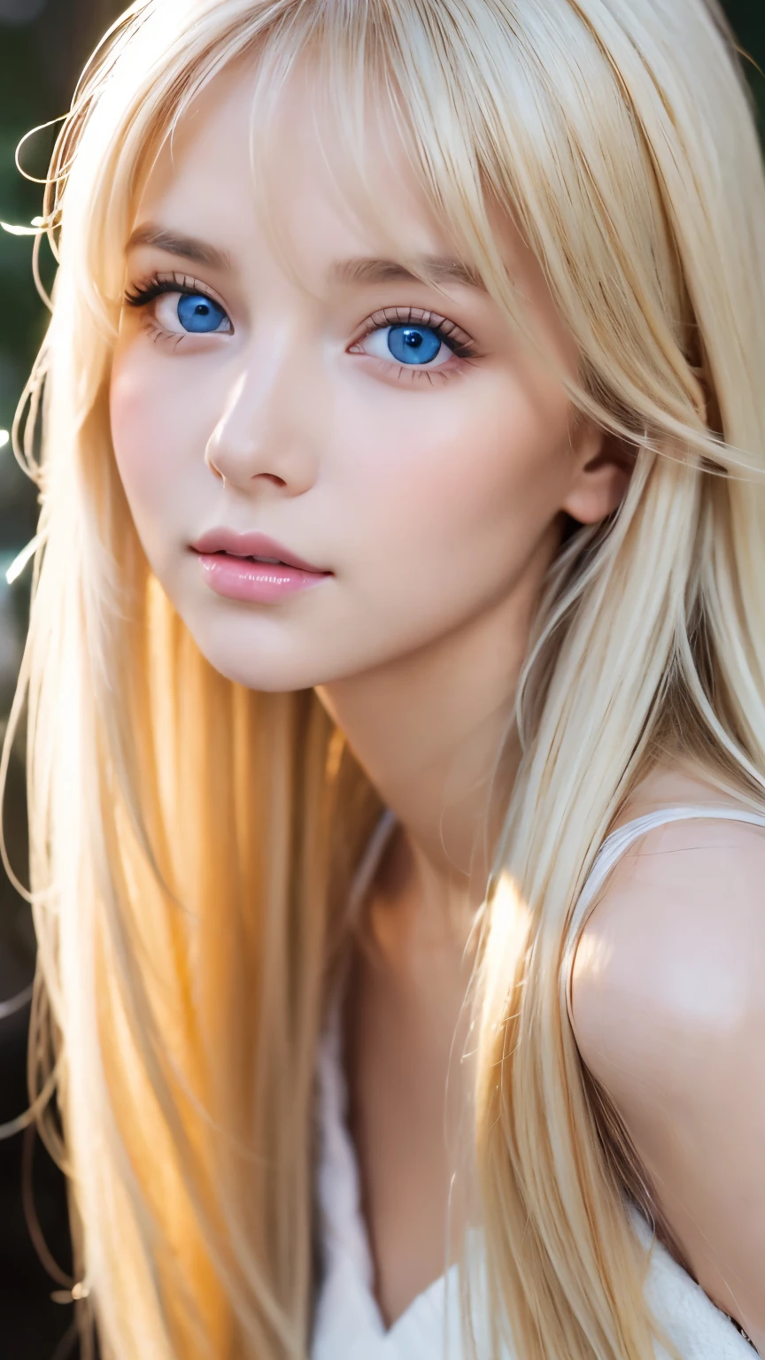 Beautiful girl with cute face,Beautiful super long straight silky blonde hair,目の上のbangs、Half Body Shot,bangs,Beautiful blonde hair between the eyes,Striped blonde,Round face、Very bright, large light blue eyes that shine beautifully、Very big eyes、snow-white beautiful skin、Young Cheek Glow、Pink One Piece、A woman with shiny, super long blonde hair is taking a photo, Gorgeous young model, Sophie Mudd portrait、Cute young woman, Very beautiful young woman, Beautiful model portrait, Beautiful Woman Photos, Perfect Face, 15 year old female model, Beautiful young face, Small Face Beauty、Cheek gloss highlighter