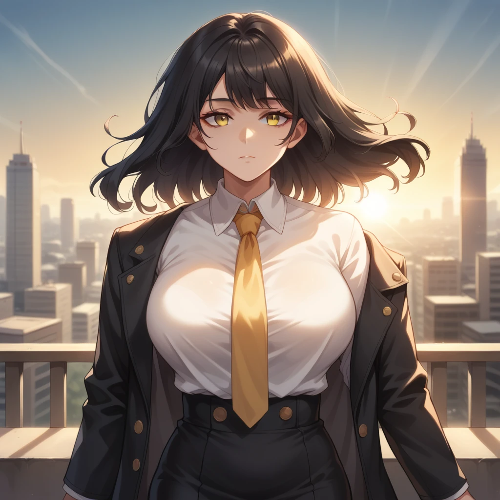 1girl, intricate detail, masterpiece, best quality, extremly detailed,cinematic lighting, beautiful detailed glow, finely detailed beautiful face and eyes, 8k, dark intense shadows, yellow eyes, medium hair, black hair, bangs, floating hair, black jacket, open jacket, white shirt, expressionless, yellow necktie, black skirt, spotlight, sunshine, sunrise, gradient sky, city, lens flare, cowboy shot, [[curvy]], [mature female]