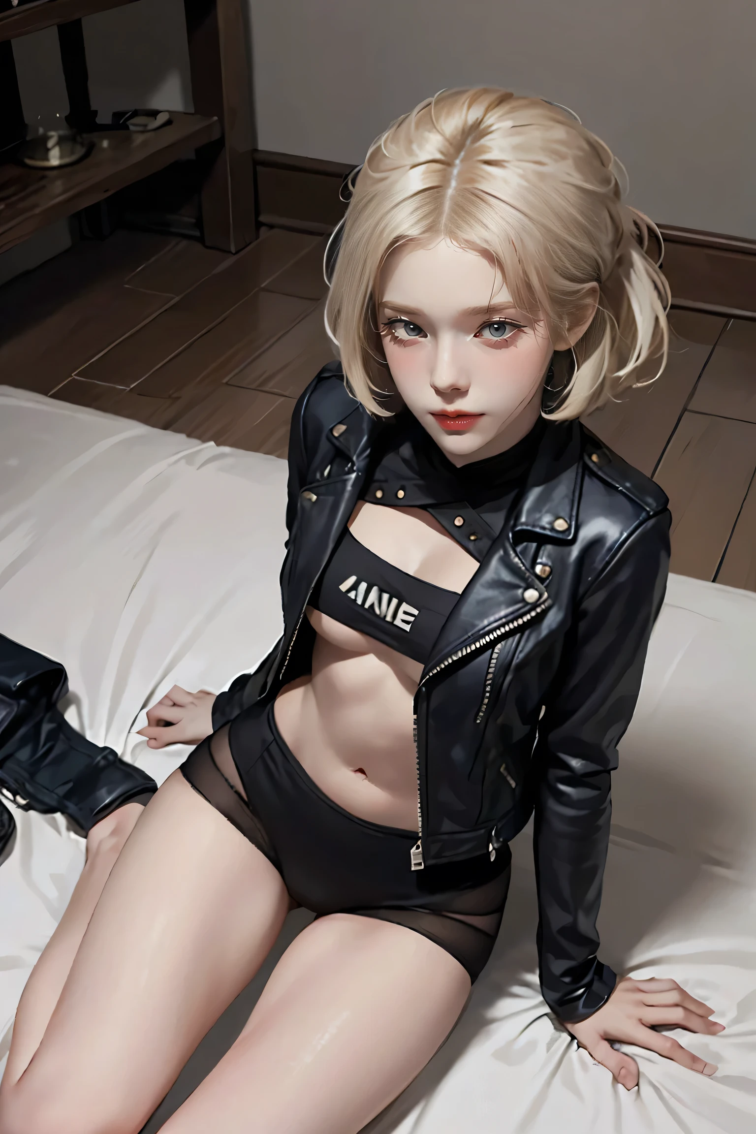 score_9, score_8_up, score_7_up, rating_explicit, source_anime,1girl, blonde hair long hair wave hair, (forehead)(hairpin in center parted bangs),blue eyes, glamorous body, dazed face, shiny black leather shorts, (wide tube top), oversized spiker jacket long sleeve jacket open jacket, striped stockings, black cap, pose of looking forward, relaxing in sofa,