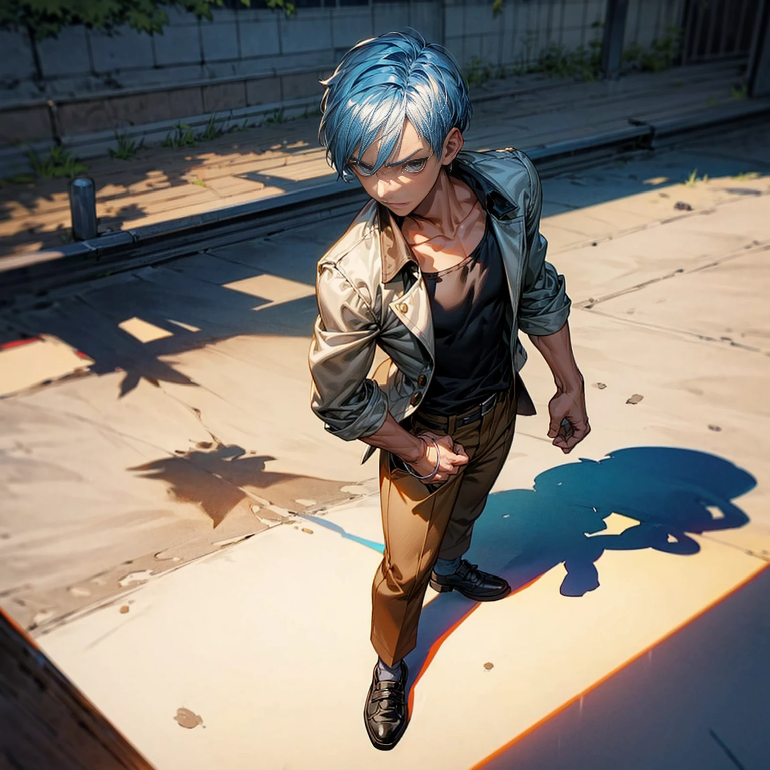 Solo character, young boy, Full body version, blue half white colour hair, short haircut, black shirt, brown trousers, shoes, no tie, Grassroots, background in Schoolyard, standing gesture, shadow, (one piece style art), detailed clothing, detailed hair, detailed background 