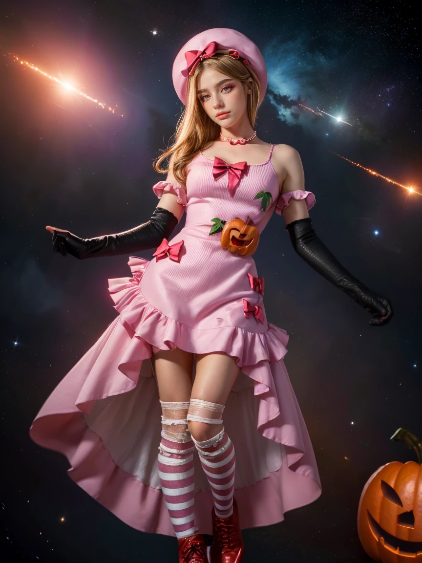 (1 lady), The beautiful, (Best quality at best:1.4), (ultra - detailed), (extremely detailed CG unified 16k), gold blonde hair, very detailed, High-definition RAW color photo, professional photoshooting, amazing face and eyes, cosmetics, (amazingly beautiful girl), ((lambdadelta, taller, tall woman, NOT Dasha Taran)), ((dress, shoes bow, red shoes, striped stockings, red bow, pink hat, necklace, gloves, pearl, pumpkin brooch, pink dress)), levitating in a cute posture (floating in the air), (She's levitating in a cosmic sea, outer space:1.3, quantum hyperspace room lacking walls, hyperspace chamber, extremely detailed background, a lot of details background, realistic background), (look from above), realistic cinematic face, head to feet long wide zoomed out view, full body long view, photorealistic, ((realistic natural blonde hair style, red eyes)), gorgeous, extremely beautiful face, perfect model beauty, pout mouth, Highly Detailed Face and Skin Texture, Detailed Eyes, Double Eyelids, Big Breasts, Persistent Stare, Faith Trance, (mystical stare, looking eternity), (masterpiece), best quality, high resolution, depth of field, cinematic lighting, amazing legs, pink combat boots, clear and well-cared skin