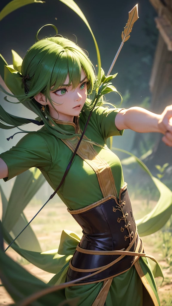 It was a green giant with a fierce body and a bow and 3 magical arrows.,high resolution,Beautiful 3D pictures,The background is a war in the past, where people fought.,The color is a dark shade of black.,ภาพhigh resolutionที่สุด,The most beautiful pictures
