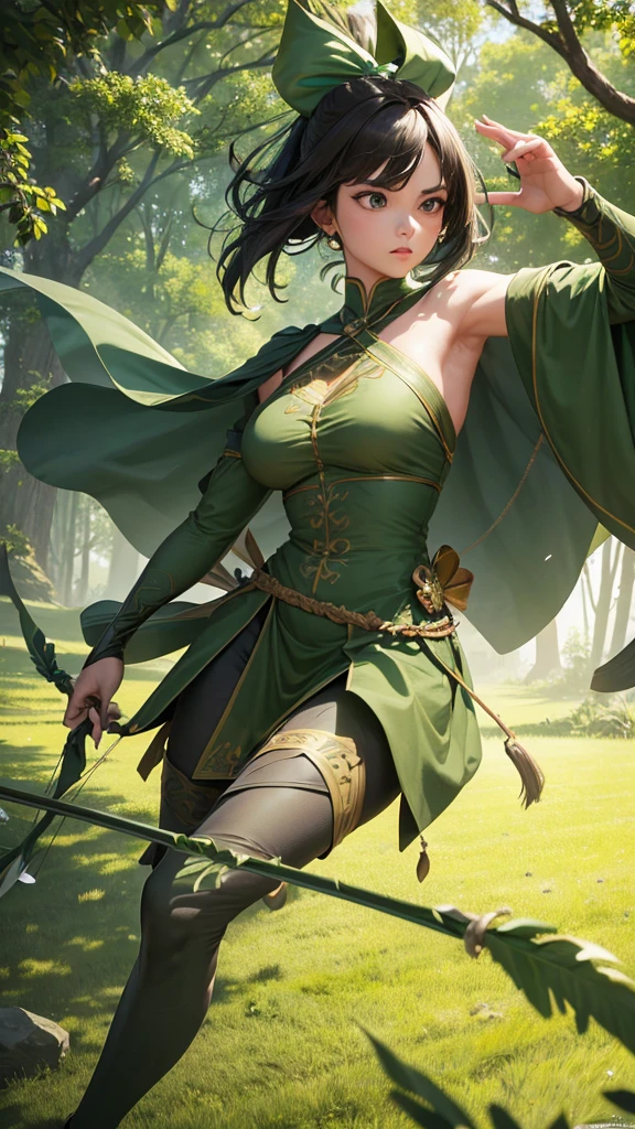 It was a green giant with a fierce body and a bow and 3 magical arrows.,high resolution,Beautiful 3D pictures,The background is a war in the past, where people fought.,The color is a dark shade of black.,ภาพhigh resolutionที่สุด,The most beautiful pictures
