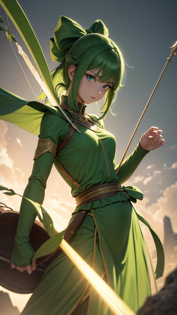 It was a green giant with a fierce body and a bow and 3 magical arrows.,high resolution,Beautiful 3D pictures,The background is a war in the past, where people fought.,The color is a dark shade of black.,ภาพhigh resolutionที่สุด,The most beautiful pictures