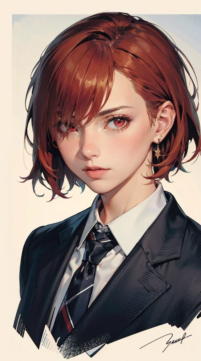 (masterpiece, best quality:1.2), bazett, fgo, 1girl, solo, short hair, red hair, bangs, red eyes,  large breasts, black gloves, formal suit, necktie, jacket, upper body, earrings, (safe:1.10), best quality, masterpiece, highres, solo, (ubel_sousounofrieren:1.10), anime_style, 14 　Portrait of a European girl,Single,20 years,Beautiful Face,Object of Obser,hair over one eye,Medium side cut, Blonde hair, Intense focus,Black business suit (ordinary or ordinary face), high-definition quality, details beyond imagination, vivid chromaticity, natural light and shadow, bursting appearance, vivid and lively, displayed from multiple angles, showing real texture, blurring the background, focusing on the subject, creating a vivid and natural feeling.