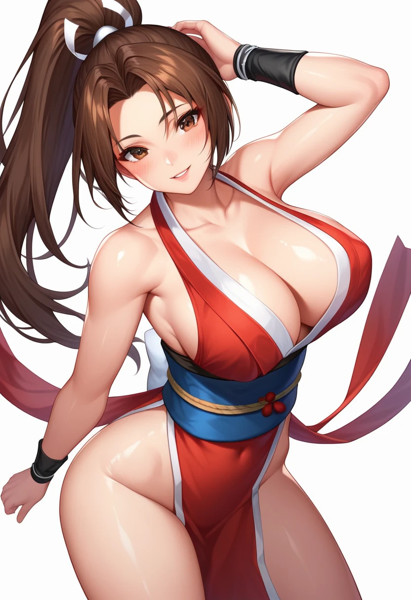 shiranui mai, 1girl, solo, long hair, breasts, looking at viewer, blush, smile, bangs, large breasts, simple background, brown hair, white background, cleavage, bare shoulders, brown eyes, standing, collarbone, full body, ponytail, thighs, parted lips, japanese clothes, shiny, arm up, shiny hair, shiny skin, parted bangs, sash, obi, high ponytail, revealing clothes, rope, pelvic curtain, ninja