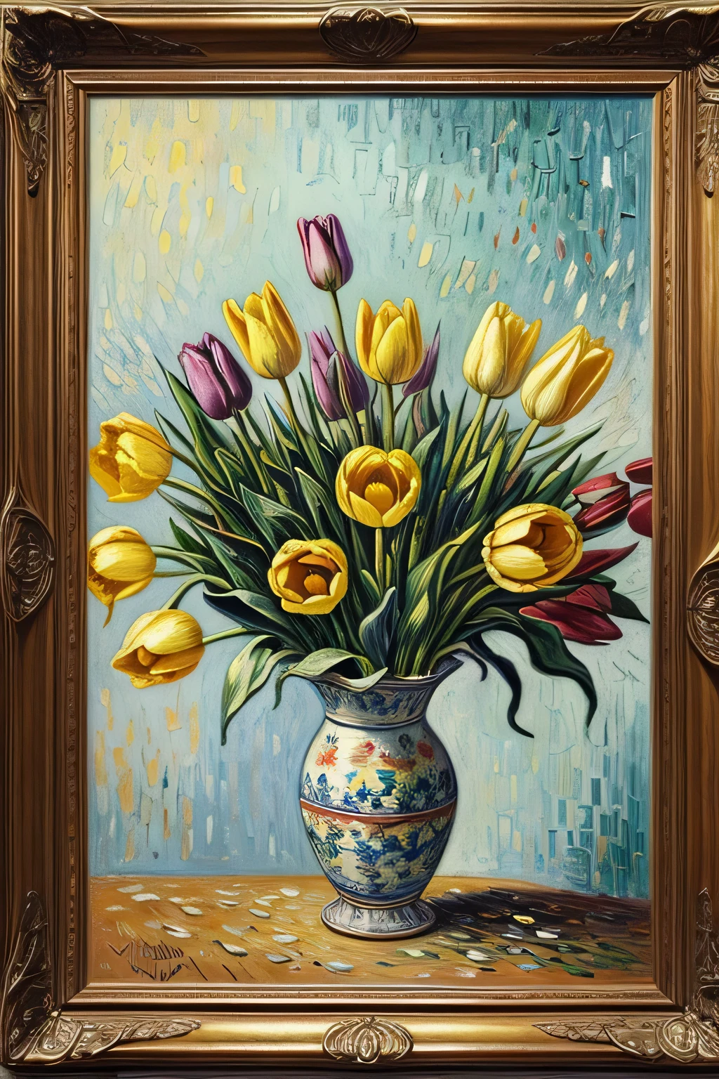 (masterpiece, best quality, super detailed, beautiful and artistic), Tulips arranged in a vase, Oil painting, Impressionism, painted by Vincent van Gogh