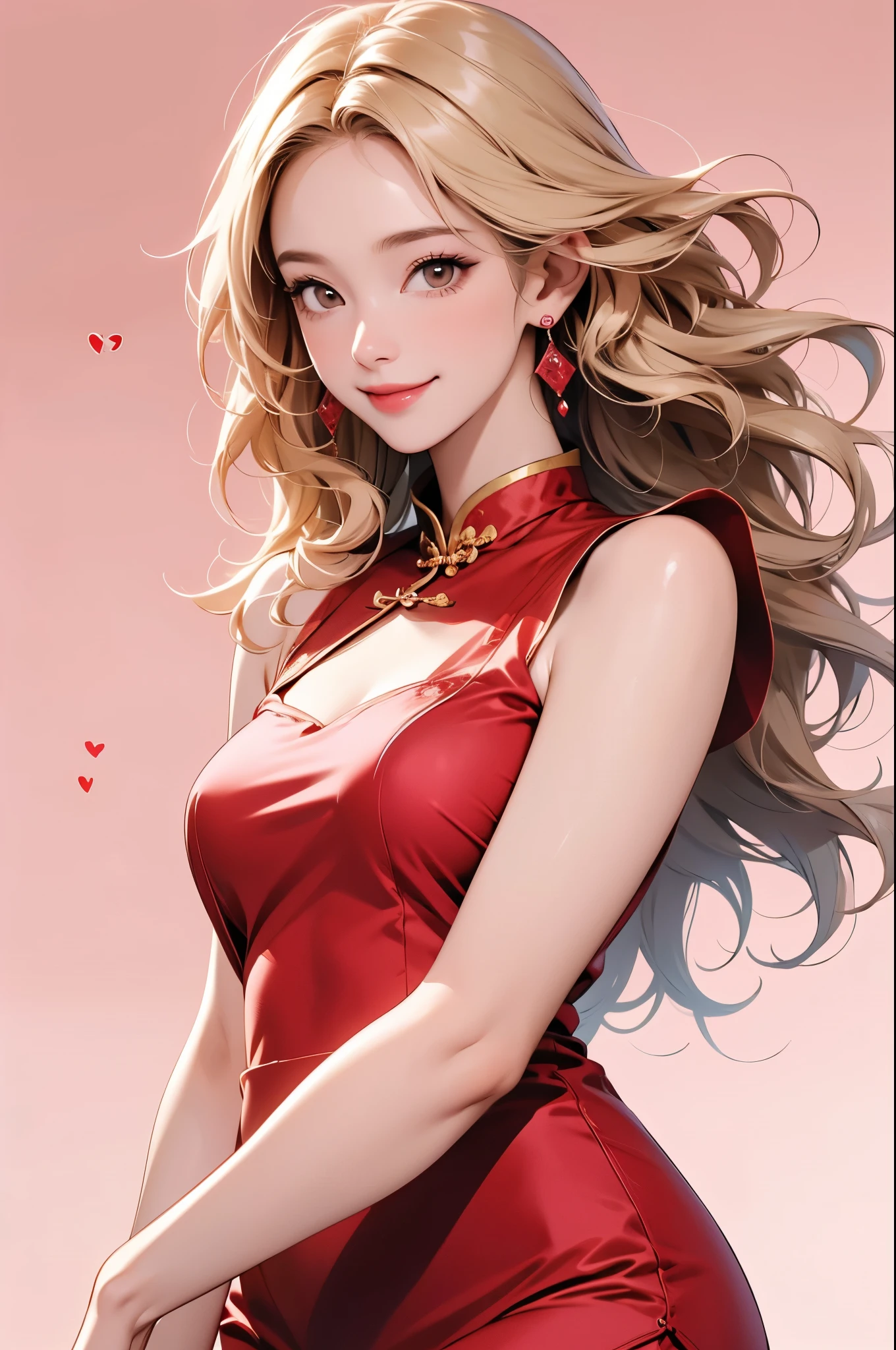 high resolution,smile,happy,light smile,woman,woman1人,adult,Clear,cute,
Blonde Hair,BREAK, Brown eyes,BREAK,wavy hair,long hair,BREAK,
((looking at viewer)),
Red Chinese dress,BREAK,
Sparkly earrings,
Facing forward,BREAK,Pink background,