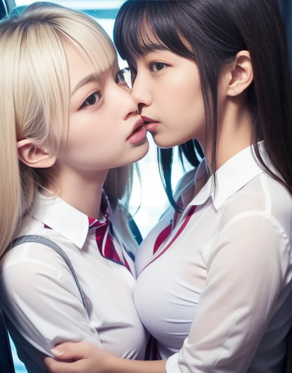 8k,masterpiece,Japanese,best quality, two (schoolgirls:1.2), reluctantly, on crowded train, (breasts:1.3) , (shirt:1.6), stuffy