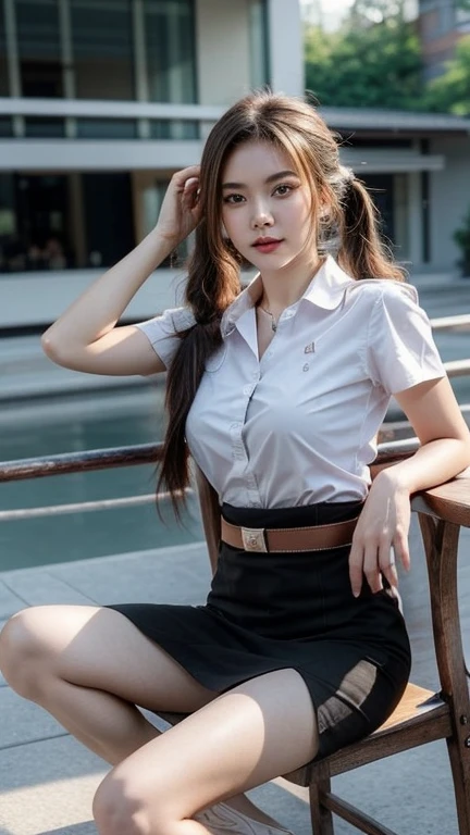 Pretty thai woman Sitting on a wooden chair , (8k, best quality, masterpiece, ultra highres:1.2) Photo of Pretty thai woman beautiful, beautiful enchanting fashion contemporary painting with , (1girl), (white shirt short sleeves), ((black pencil skirt)), belt , , blonde hair, , realistic skin texture , round chin, 85 mm art lens, f 1. 2, sharp focus, 8 k high definition, insanely detailed, intricate, elegant, large breasts, big breasts , black skirt , twin tails hair