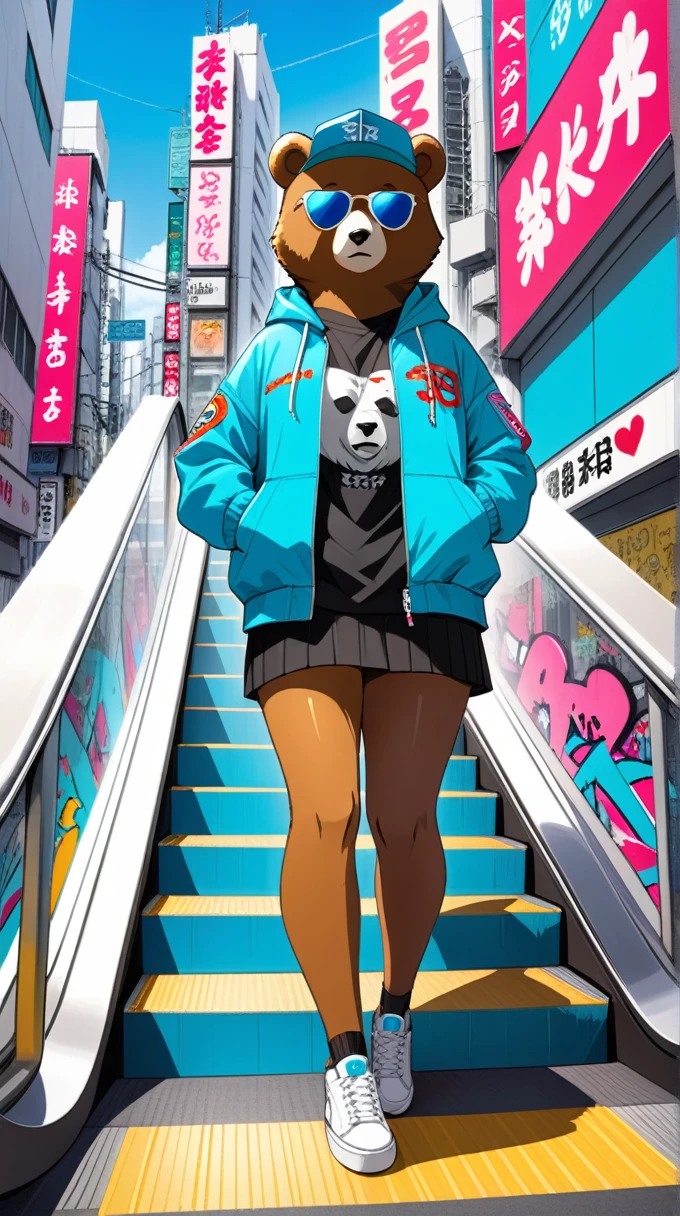 Prompt:Design a striking and dynamic graffiti piece that features a bear wearing sunglasses and dressed in street-style fashion, standing on an escalator in Shibuya. The artwork should blend the raw power of the bear with the edgy and trendy elements of urban street fashion, set against the vibrant and bustling backdrop of Shibuya, one of Tokyo’s most iconic districts.
Bear's Symbolism and Street Fashion:Bear: Represents strength, courage, and a deep connection with nature.
Street-Style Fashion: Embodies modern urban culture, characterized by bold, trendy clothing and accessories.
Shibuya: Symbolizes the heart of Tokyo's youth culture, known for its vibrant streets, bustling crowds, and cutting-edge fashion.
Design Elements:Dynamic Pose and Expression:Illustrate the bear in a confident and relaxed pose, perhaps leaning against the escalator rail or standing assertively.Use expressions that range from cool and composed to playful and engaging, giving the bear a distinctive personality.Sunglasses Style:Equip the bear with trendy sunglasses to enhance its urban coolness.
Experiment with various styles of sunglasses, such as classic aviators, round frames, or reflective shades.
Street-Style Fashion:Dress the bear in iconic streetwear items such as hoodies, caps, bomber jackets, and sneakers.
Integrate graffiti-inspired patterns and urban art elements into the clothing design to emphasize the street style.
Shibuya Backdrop:Include elements of Shibuya’s urban landscape, such as the famous scramble crossing, neon signs, and towering buildings.Incorporate the escalator in a way that emphasizes the bear’s interaction with the bustling environment.Color and Contrast:Utilize vibrant and contrasting colors to make the elements stand out against the urban backdrop.Employ bold outlines and shading techniques to add depth and dimension to the design.Creation Process:Concept and Sketch:Start with a clear concept and create rough sketches to outline the bear’s pose, expression, outf