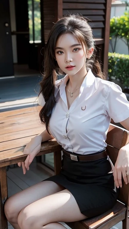 Pretty thai woman Sitting on a wooden chair , (8k, best quality, masterpiece, ultra highres:1.2) Photo of Pretty thai woman beautiful, beautiful enchanting fashion contemporary painting with , (1girl), (white shirt short sleeves), ((black pencil skirt)), belt , , blonde hair, , realistic skin texture , round chin, 85 mm art lens, f 1. 2, sharp focus, 8 k high definition, insanely detailed, intricate, elegant, large breasts, big breasts , black skirt , twin tails hair