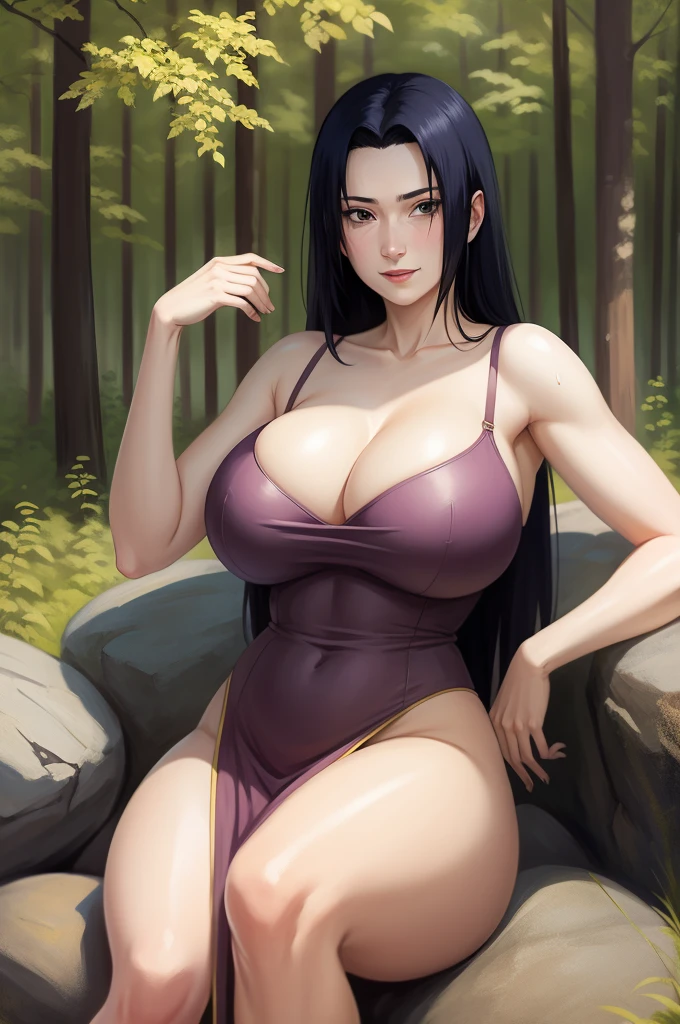 Mikoto Uchiha, oil painting, highly detailed, realistic, portrait, bright colors, soft lighting, (best quality, 4k,8k, height, masterpiece: 1.2), (big round breasts: 1.5), professional, long black hair, eyes black, beautiful detailed eyes and face, very detailed smile, long eyelashes, sitting on a rock, looking towards the viewer, sexy lingerie, big butt, bare shoulders, stocking, outdoors, forest, cowboy shot, collarbone, sweating, hot pose