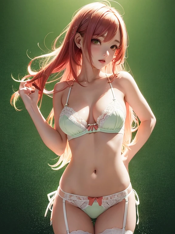 ultra realistic girl, only 1 girl, green ombre background with comic peach fruit theme, red flowing hair, white thongs and matching garter belt, cute white lace underwear, sweet and sexy, seductive look