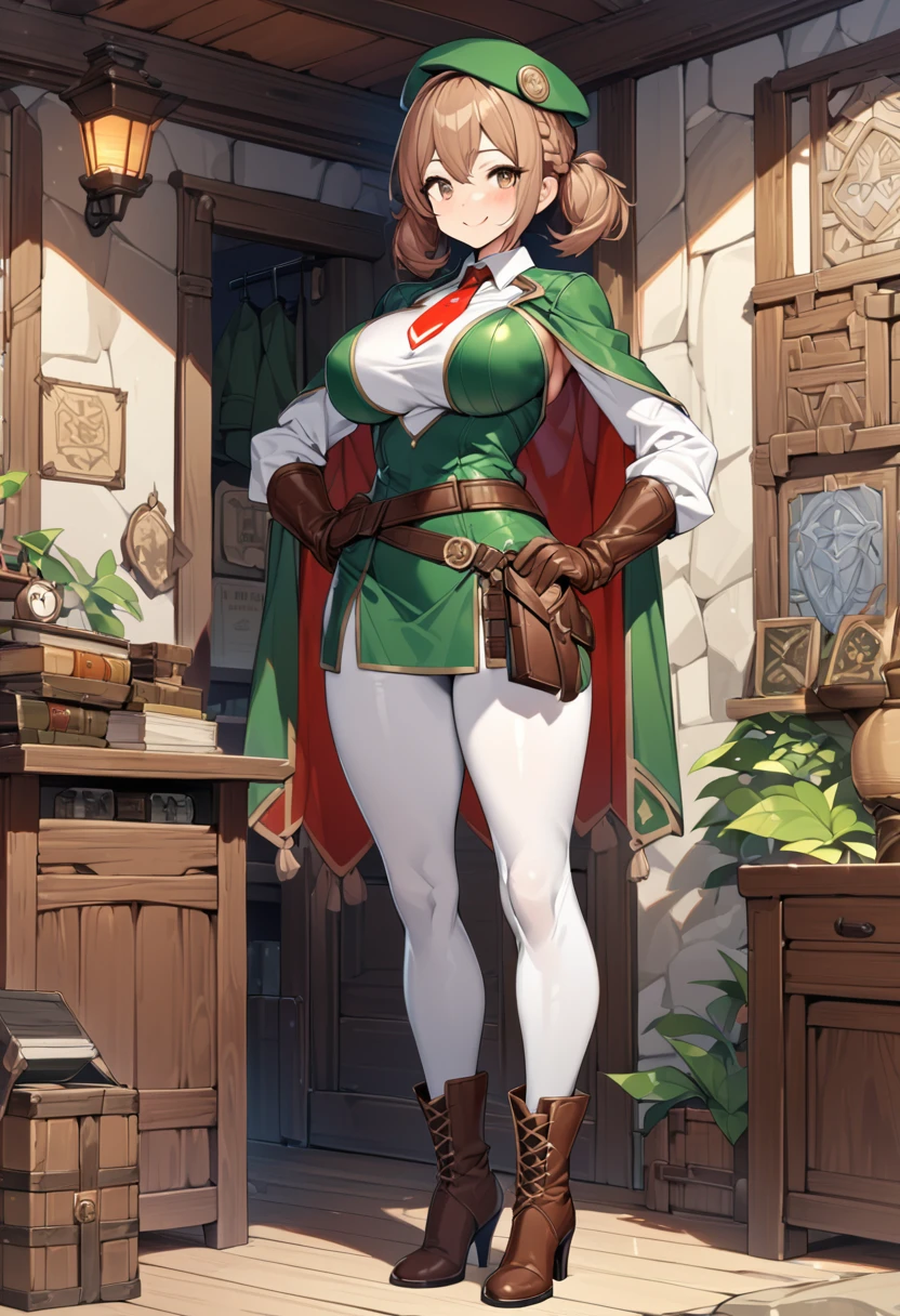 An adventurer guild clerk girl, sexy body, big breasts, big hip, ((green clerk outifit, red necktie, green beret, short cape, white leggings, leather gloves, leather high heels boots, leather belts and pockets, dagger on hips)), (short hair, low brown braided-twintail hairstyle), brown eyes, smiling, (cute expression: 1), beautiful face, detailed face, very detailed, beautiful eyes, full body, full body shot, high quality, detailed background, high resolution, 8k resolution, ultra high detail, beatiful skin, perfect body, perfect anatomy, adventurer guild background,