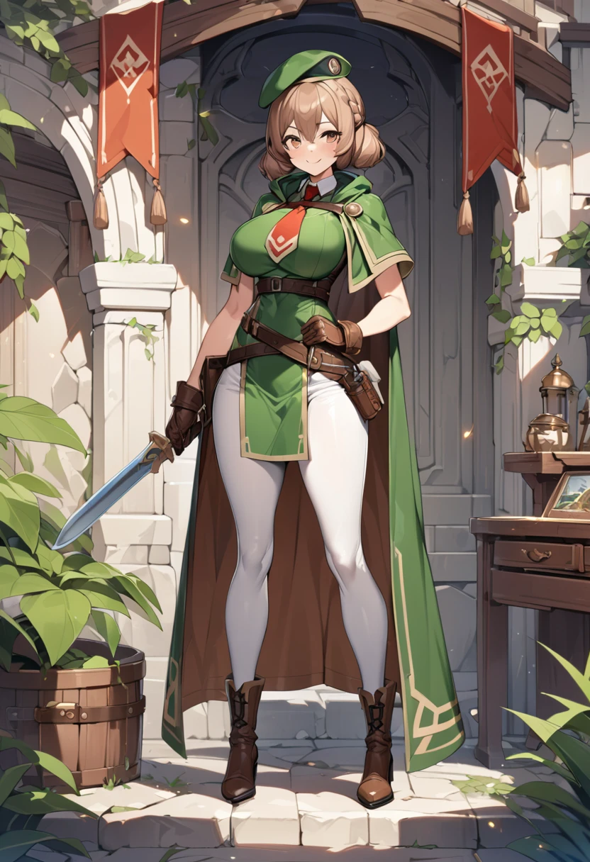 An adventurer guild clerk girl, sexy body, big breasts, big hip, ((green clerk outifit, red necktie, green beret, short cape, white leggings, leather gloves, leather high heels boots, leather belts and pockets, dagger on hips)), (short hair, low brown braided-twintail hairstyle), brown eyes, smiling, (cute expression: 1), beautiful face, detailed face, very detailed, beautiful eyes, full body, full body shot, high quality, detailed background, high resolution, 8k resolution, ultra high detail, beatiful skin, perfect body, perfect ???????, adventurer guild background,