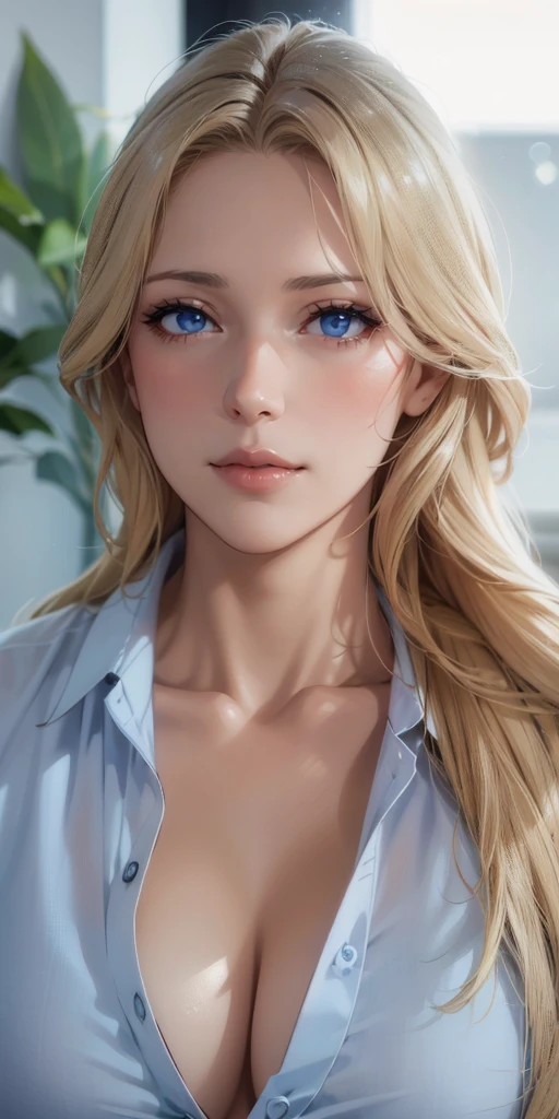 Hot mature woman, blue eyes, blonde hair, soft light, 4k resolution, high quality, beautiful cg