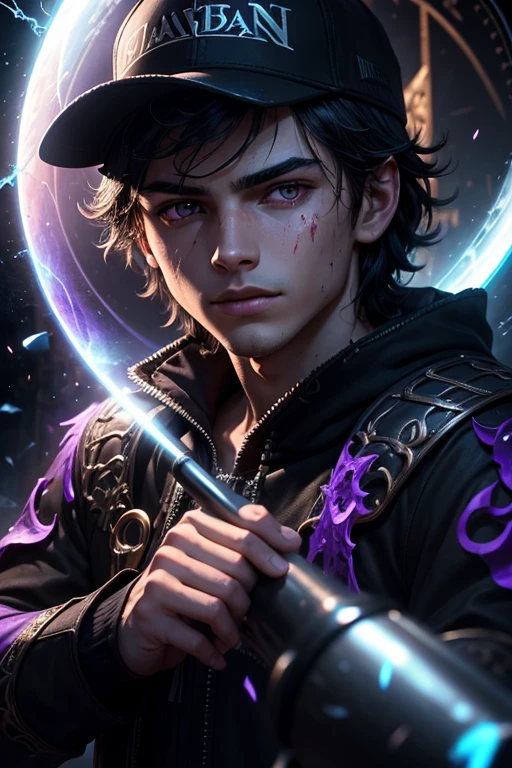 (masterpiece, best quality, very detailed, best shadows), (detailed background, dark fantasy), (detailed and beautiful face), high contrast, (best lighting, very delicate and beautiful), (cinematic light)), colorful, very detailed, dramatic light, intricate details, (1 young man, single, short black hair, baseball cap, sharp face, violet eyes, hair between the eyes, dynamic angle), blood splatter, black light swirling around the character, depth of field, black light particles, (broken glass), magic circle,