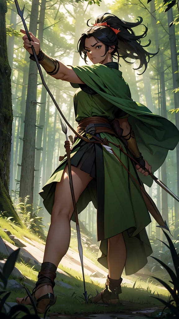 It was a green giant with a fierce body and a bow and 3 magical arrows.,high resolution,Beautiful 3D pictures,The background is a war in the past, where people fought.,The color is a dark shade of black.,ภาพhigh resolutionที่สุด,The most beautiful pictures