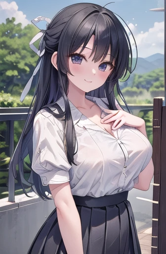 masterpiece, Highest quality, Migiwa Kazuha, Hair Ribbon, White shirt, Short sleeve, Pleated skirt, Upper Body, View your viewers, blue sky, smile, wood, Large Breasts, Dressing inappropriately. White underwear or underwear showing through the chest,,Large Breasts