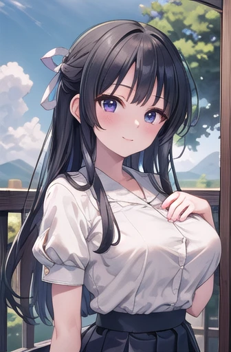 masterpiece, Highest quality, Migiwa Kazuha, Hair Ribbon, White shirt, Short sleeve, Pleated skirt, Upper Body, View your viewers, blue sky, smile, wood, Large Breasts, Dressing inappropriately. White underwear or underwear showing through the chest,,Large Breasts