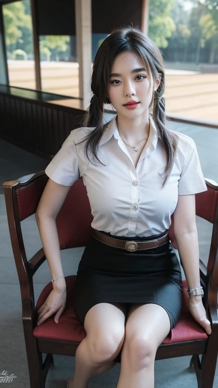 Pretty thai woman Sitting on a wooden chair , (8k, best quality, masterpiece, ultra highres:1.2) Photo of Pretty thai woman beautiful, beautiful enchanting fashion contemporary painting with , (1girl), (white shirt short sleeves), ((black pencil skirt)), belt , , blonde hair, , realistic skin texture , round chin, 85 mm art lens, f 1. 2, sharp focus, 8 k high definition, insanely detailed, intricate, elegant, large breasts, big breasts , black skirt , twin tails hair