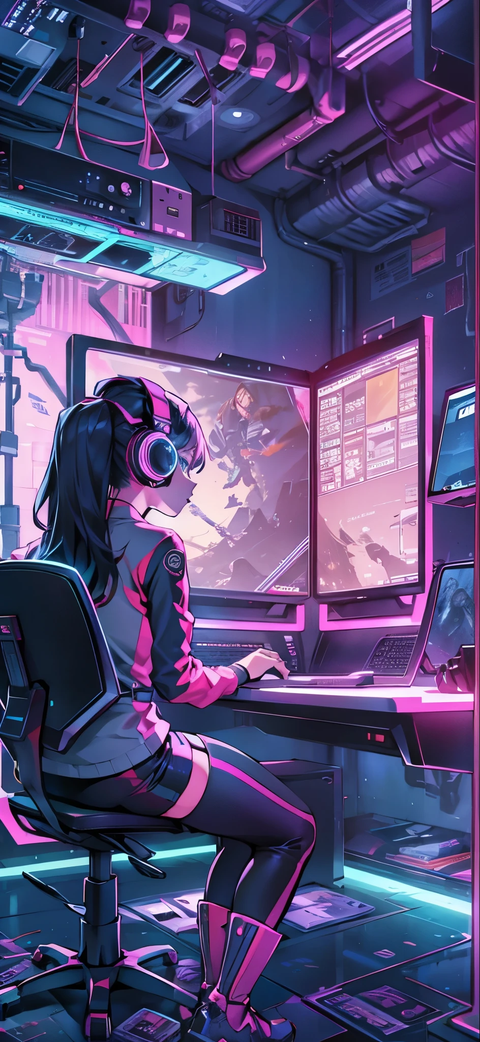 A girl playing video games in her room using a powerful computer。Look stylish and cool in a cyber chic room。In the near future。