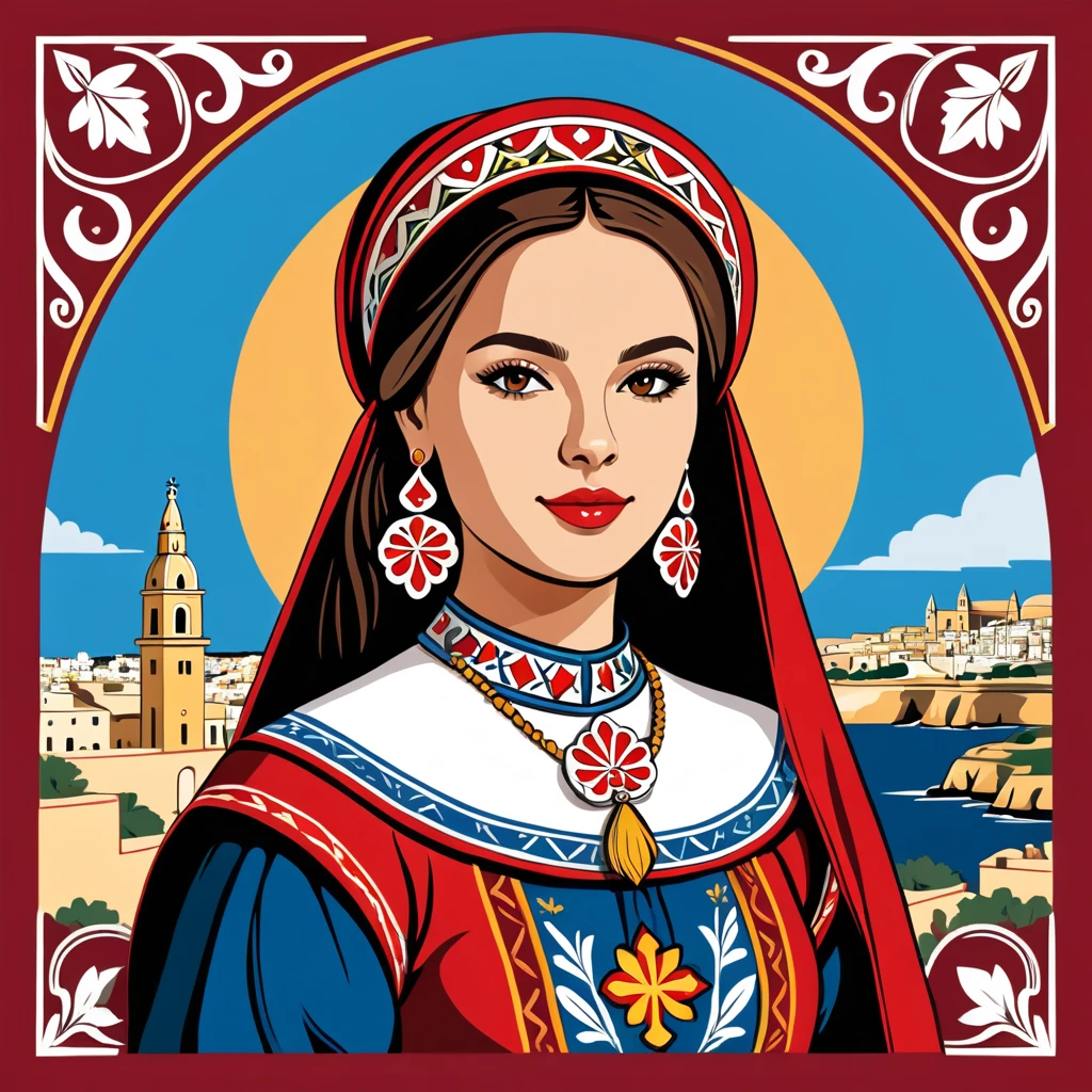 woman in malta folk outfit, vector graphics, strong contours, logo design
