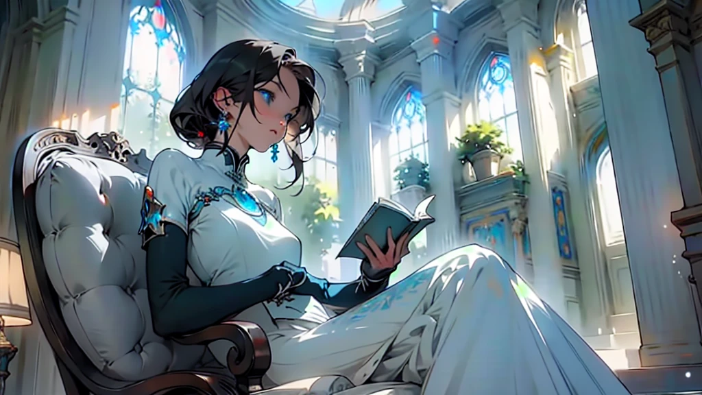(masterpiece, Highest quality, Highest quality, Official Art, Beauty and aesthetics: 1.2),Bright aqua blue eyes,glass dome,big dome,Relaxed young woman、reading、Rocking Chair、whole body、indoor、[beautiful detailed lighting][soft lighting][cinematic lighting][light particles][colorful refraction][light diffusion][light-filled room]、Outside the window is space、night、quiet