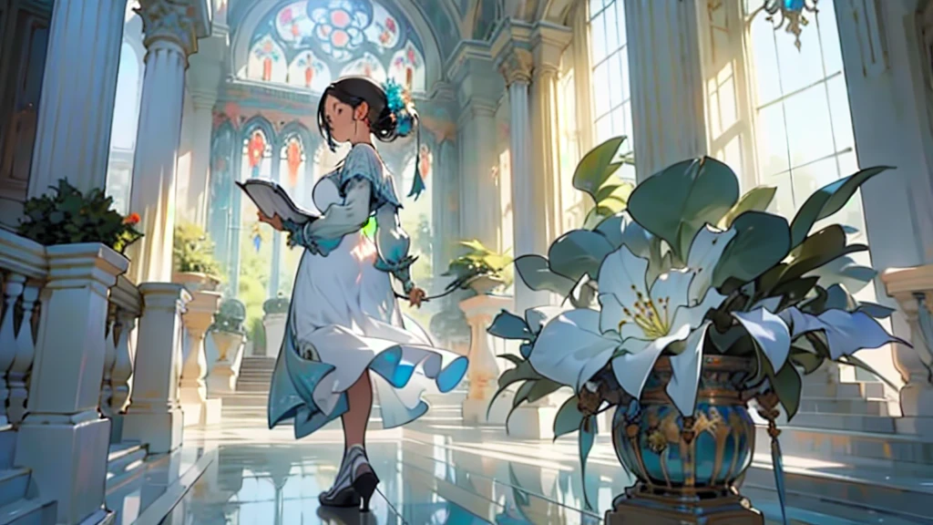 (masterpiece, Highest quality, Highest quality, Official Art, Beauty and aesthetics: 1.2),Bright aqua blue eyes,glass dome,big dome,Relaxed young woman、reading、Rocking Chair、whole body、indoor、[beautiful detailed lighting][soft lighting][cinematic lighting][light particles][colorful refraction][light diffusion][light-filled room]、Outside the window is space、night、quiet
