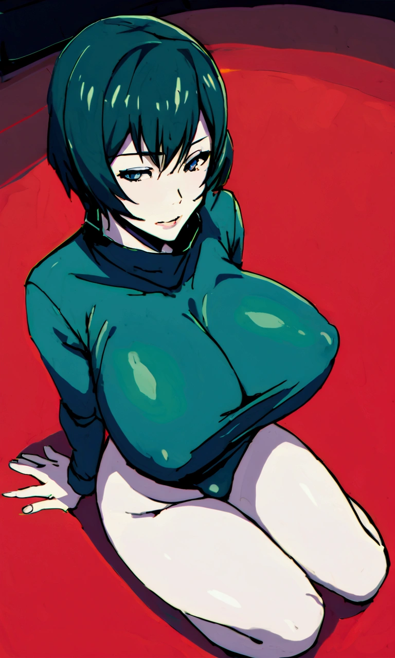 Maki Sento、Slimy、Futanari、huge breasts、big ass、dark green hair,NSFW, paja, hombre y mujer, semen en la cara