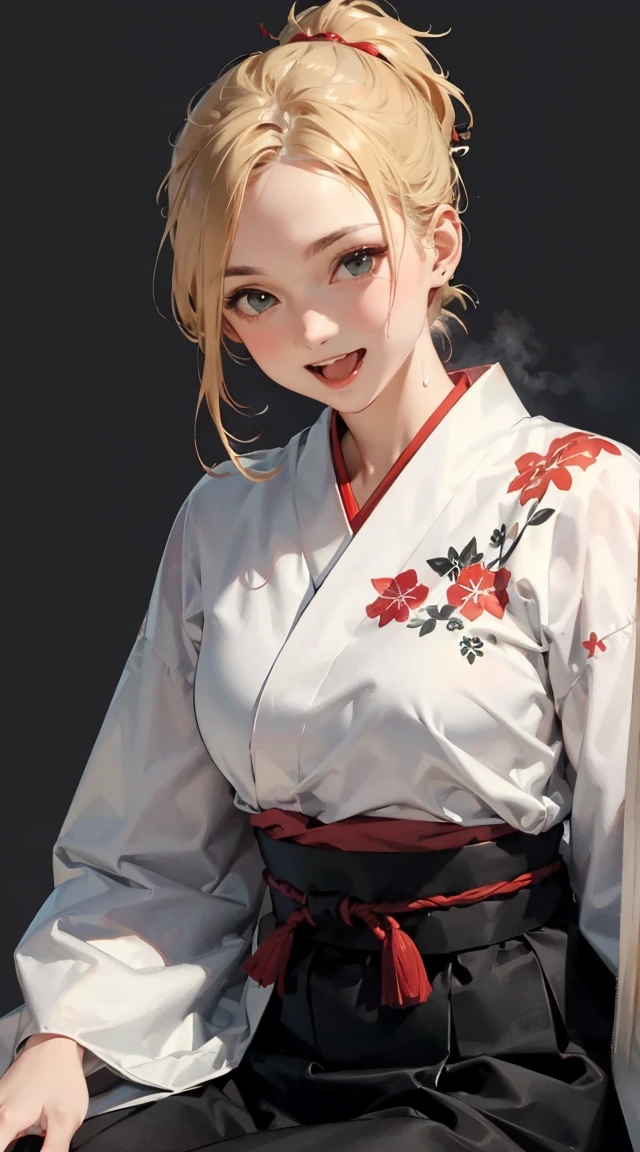 (masterpiece), best quality, expressive eyes, perfect face Beautiful Japanese woman cartoon, cartoon cute anime, Beautiful Japanese kimono, There a dragon embroidery on the kimono. kimono colour black and red, Japanese woman long hair, hair colour Black, hair style ponytail, single eyelids, eye style hooded and sultry and deep set and captivating and enigmatic, Facial expression smile, situation beautiful image. masterpiece, realistic, 8k, (1woman:1.3), european, hazelnut green eyes, white shirt, (blonde hair:1.1) , short-cut,(buzz-cut:1.1),1girl in,((:D))、(Highly detailed CG Unity 8k wallpaper), (Masterpiece), (Highest quality), (Super detailed), (Best illustration), (Best shadow), (Absurd), 20 years old, Shy, Embarrassing, Sweat, steam, looking at the viewer, girl, ponytail, Beautiful blonde, white blouse, black skirt, upturned eyes,