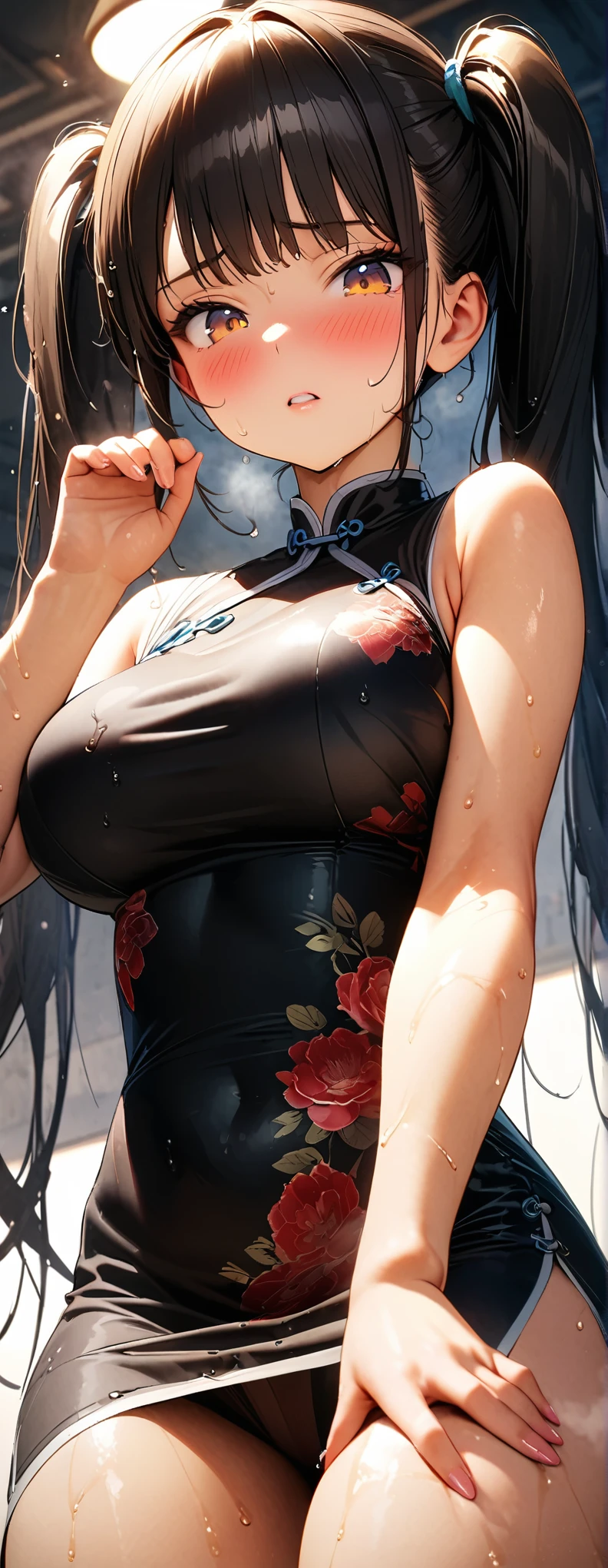 Twin tails、Highly detailed black cheongsam, Looks about , (beautiful girl: 1.3),Highest quality,8k,Highly detailed CG unit wallpaper,masterpiece:1.2,top-quality,Ultra-high resolution,RAW Photos,real texture skin,Cinema Lighting,Embarrassing,blush, vapour,Wet,Sweat,Moist eyes,weak,Huge buildings,Metropolis,The girl is a delivery girl who delivers Chinese food to customers.,,Steam from cooking,,,Big, round, beautifully shaped butt,,((Booty pose)),(from below:1.3),(looking down, watching at Viewer:1.3),(Perfect hands, Perfect Anatomy),Sexual pleasure expression,climax,Large Breasts,，