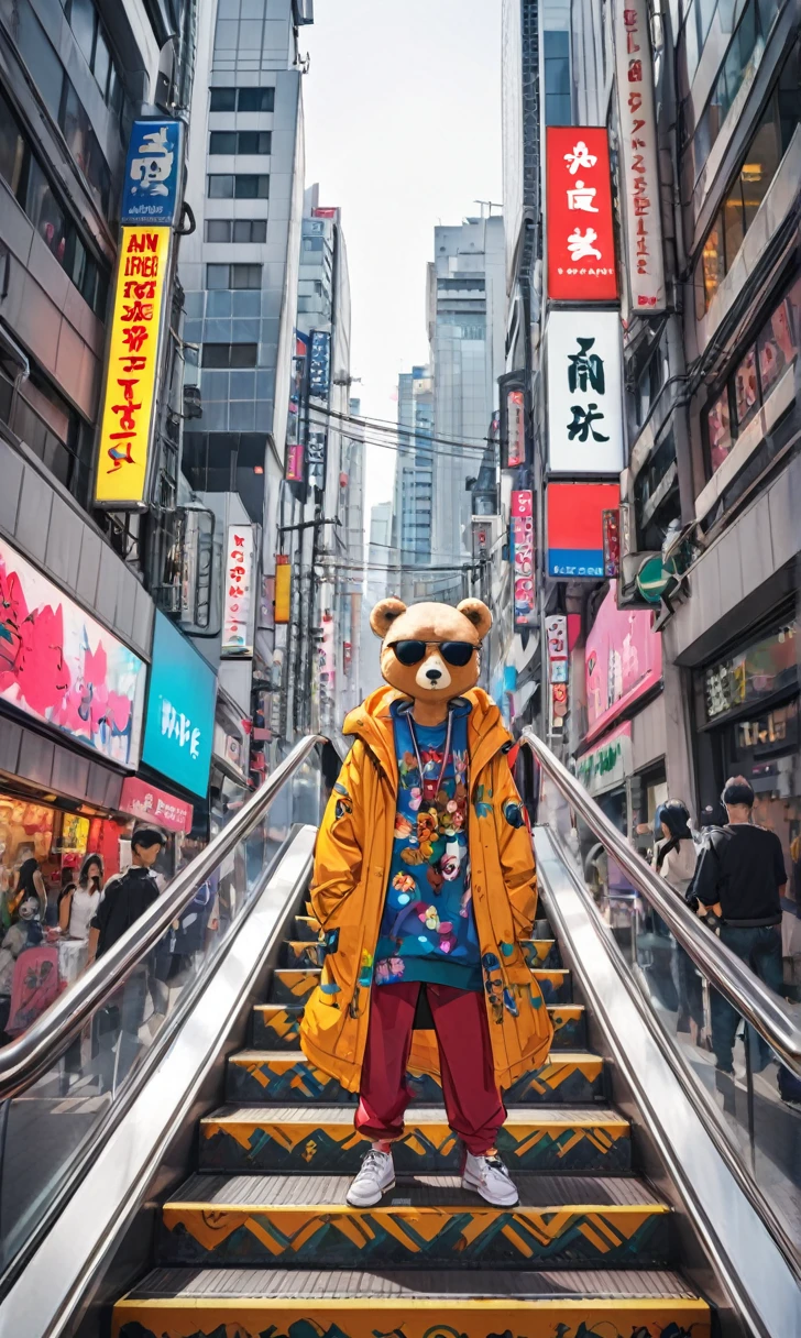 Prompt:Design a striking and dynamic graffiti piece that features a bear wearing sunglasses and dressed in street-style fashion, standing on an escalator in Shibuya. The artwork should blend the raw power of the bear with the edgy and trendy elements of urban street fashion, set against the vibrant and bustling backdrop of Shibuya, one of Tokyo’s most iconic districts.
Bear's Symbolism and Street Fashion:Bear: Represents strength, courage, and a deep connection with nature.
Street-Style Fashion: Embodies modern urban culture, characterized by bold, trendy clothing and accessories.
Shibuya: Symbolizes the heart of Tokyo's youth culture, known for its vibrant streets, bustling crowds, and cutting-edge fashion.
Design Elements:Dynamic Pose and Expression:Illustrate the bear in a confident and relaxed pose, perhaps leaning against the escalator rail or standing assertively.Use expressions that range from cool and composed to playful and engaging, giving the bear a distinctive personality.Sunglasses Style:Equip the bear with trendy sunglasses to enhance its urban coolness.
Experiment with various styles of sunglasses, such as classic aviators, round frames, or reflective shades.
Street-Style Fashion:Dress the bear in iconic streetwear items such as hoodies, caps, bomber jackets, and sneakers.
Integrate graffiti-inspired patterns and urban art elements into the clothing design to emphasize the street style.
Shibuya Backdrop:Include elements of Shibuya’s urban landscape, such as the famous scramble crossing, neon signs, and towering buildings.Incorporate the escalator in a way that emphasizes the bear’s interaction with the bustling environment.Color and Contrast:Utilize vibrant and contrasting colors to make the elements stand out against the urban backdrop.Employ bold outlines and shading techniques to add depth and dimension to the design.Creation Process:Concept and Sketch:Start with a clear concept and create rough sketches to outline the bear’s pose, expression, outf