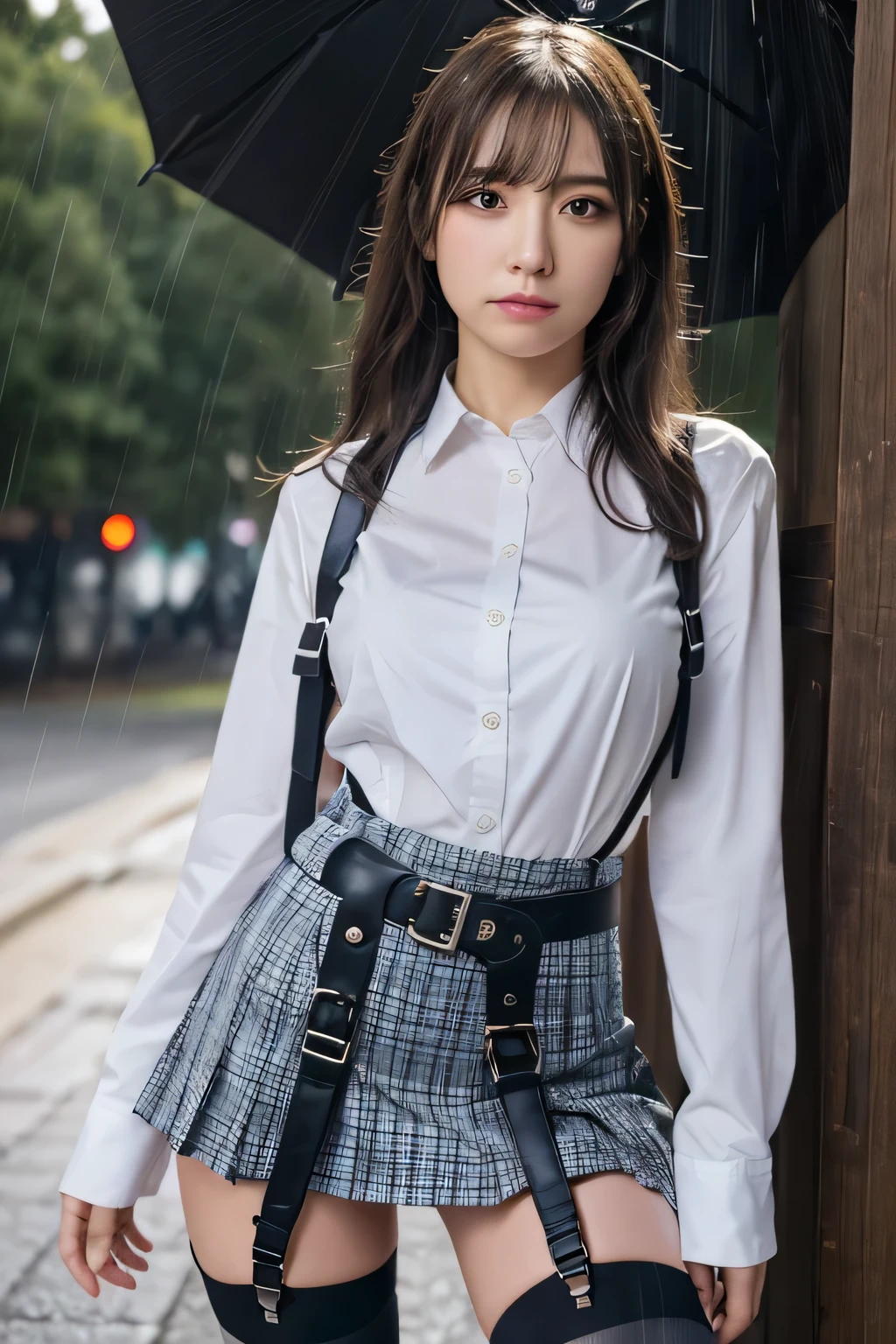 1 female, , high quality, masterpiece, Ultra-high resolution, Cinema Lighting, 1 female, , high quality, masterpiece, Ultra-high resolution, , Cinema Lighting, suspenders Moderate breasts Small face Looking up Sweat Thin belt buzzer 脇Sweat Garter belt Belt on pants holster Hands behind your back Looking up Anxious face Knee-high Knee socks Knee-highソックス garter ふとももにGarter belt Checkered mini skirt Panty shot Skirt gap Armament holster holster Hands behind your back Anxious expression Anxious face, legs apart Armament Leg holster holster See-through clothing heavy rain Rain-soaked dress shirt,