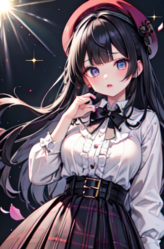 （In 8K, Highest quality, Tabletop:1.2)、Ultra-high resolution, 1 -yeld fee,((petal collar shirt)),Highly detailed face,Deep and detailed,Black hair, long hair, large breasts、,Blunt bangs,(donut hair)、burberry check beret,Burberry check tiered skirt,(Rainbow light:1.4)、Detailed fingers、solo,I was surprised,Open your mouth,standing in the middle of the railroad tracks