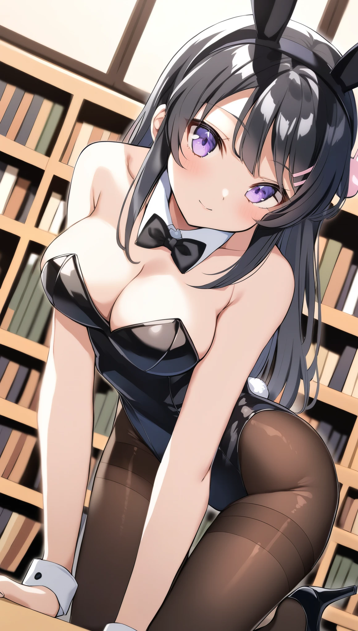 score_9, score_8_up, score_7_up, source_anime,
maisakurajima, mai sakurajima, long hair, bangs, black hair, hair ornament, purple eyes, hairclip, rabbit hair ornament,
bow, animal ears, cleavage, bare shoulders, pantyhose, bowtie, black footwear, rabbit ears, high heels, leotard, black pantyhose, strapless, black bow, detached collar, fake animal ears, playboy bunny, black leotard, strapless leotard, thighband pantyhose, black bowtie,
indoors, library, bent over,
looking at viewer, cowboy shot, dutch angle,